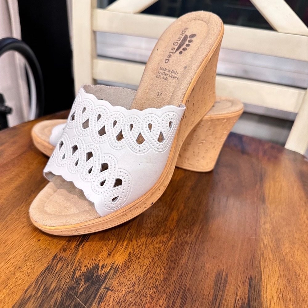 Spring Step Wedge Sandals Women White Leather Laser Cut Scalloped Boho Size 37